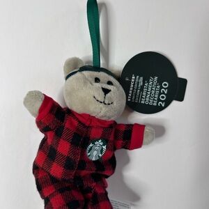 Starbucks Bear Plush Ornament with Red Plaid Outfit
